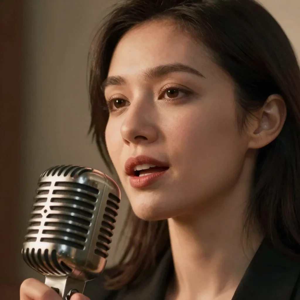 RA1 talking-avatar still, Aug 2026: original adult woman, vintage mic, mid-speech.