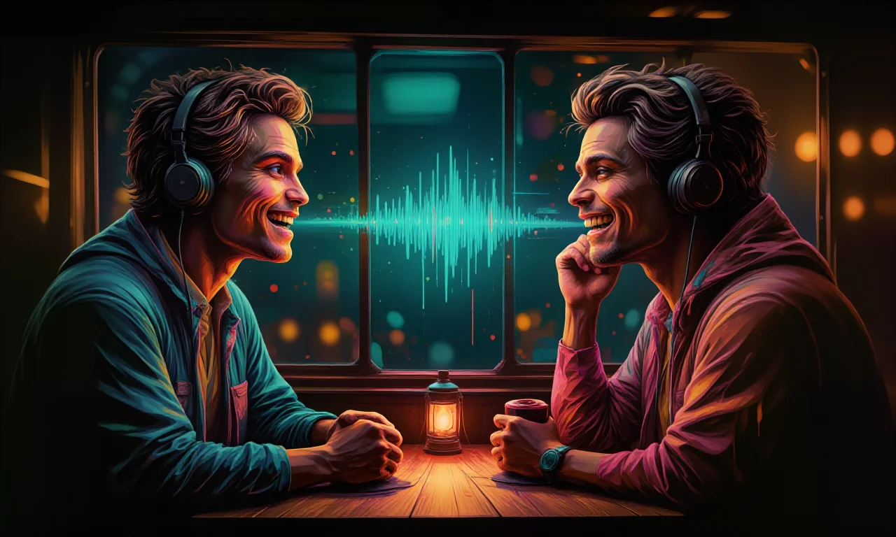 RA1 still for this post: two characters, headphones, a waveform. Chai will not emit this from the chat.