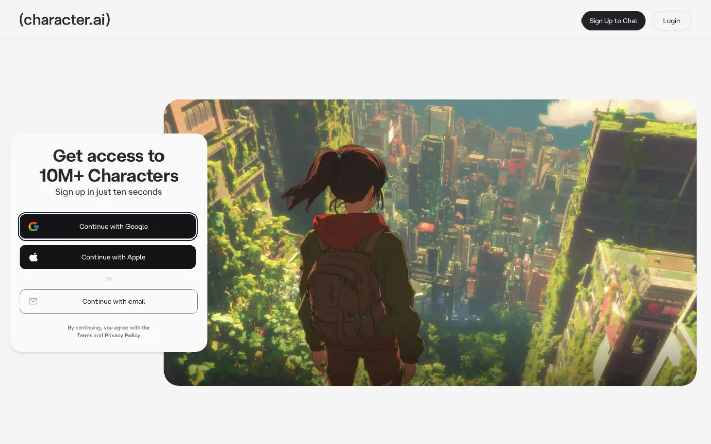 Character.AI homepage, Aug 2026. Public web is a signup wall.