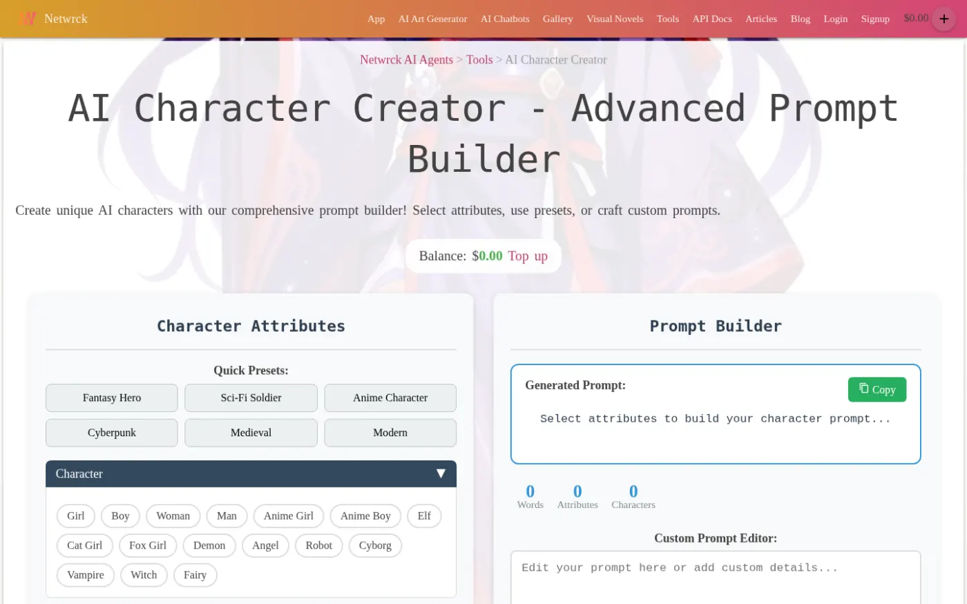 Netwrck AI Character Creator: attribute builder, not a paste-a-card form.