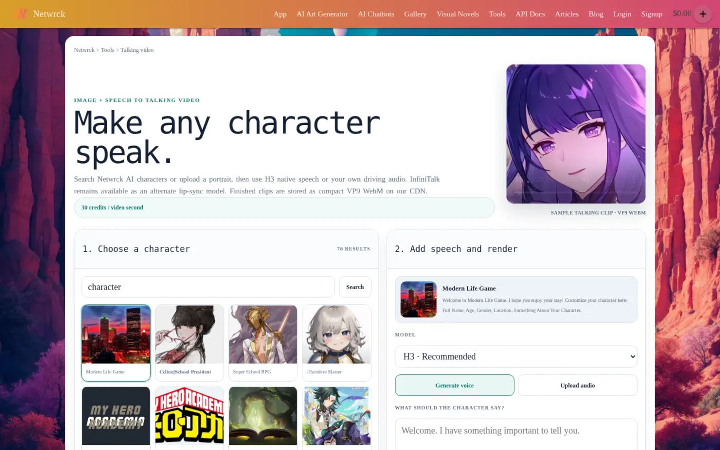 InfiniTalk tool on Netwrck: character search to talking video.