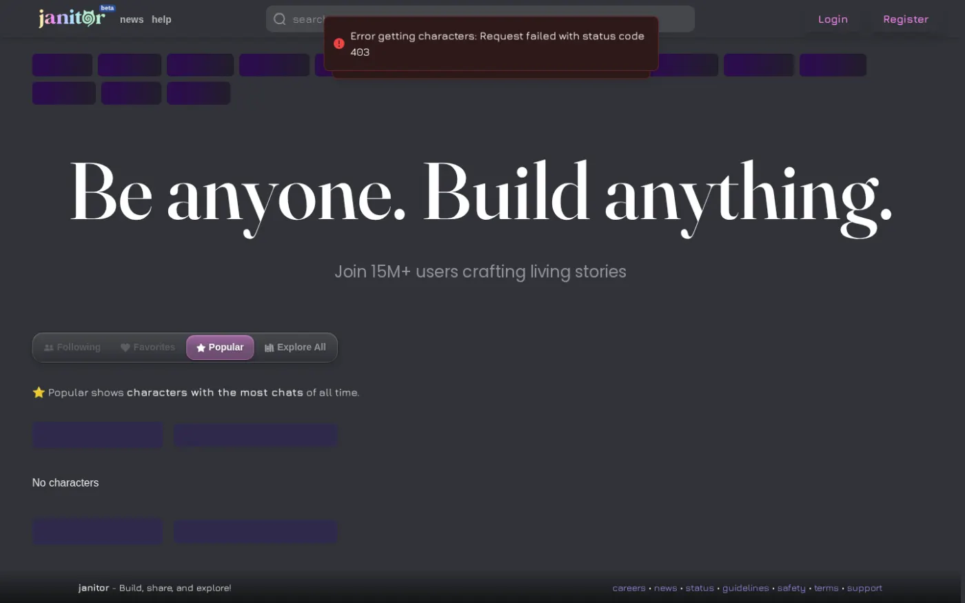 Janitor AI homepage, Aug 2026. Public catalog returned 403 without a session; 15M+ users claimed.