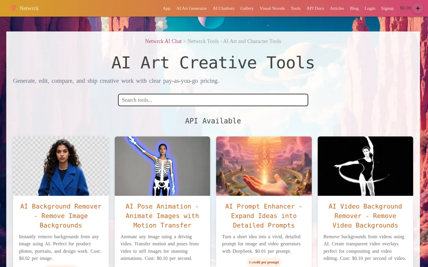 Netwrck tools index: art, video, voice, avatars on one account.