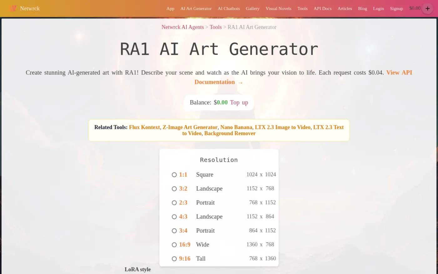 RA1 generator on Netwrck. $0.04 per still at the default credit rate.