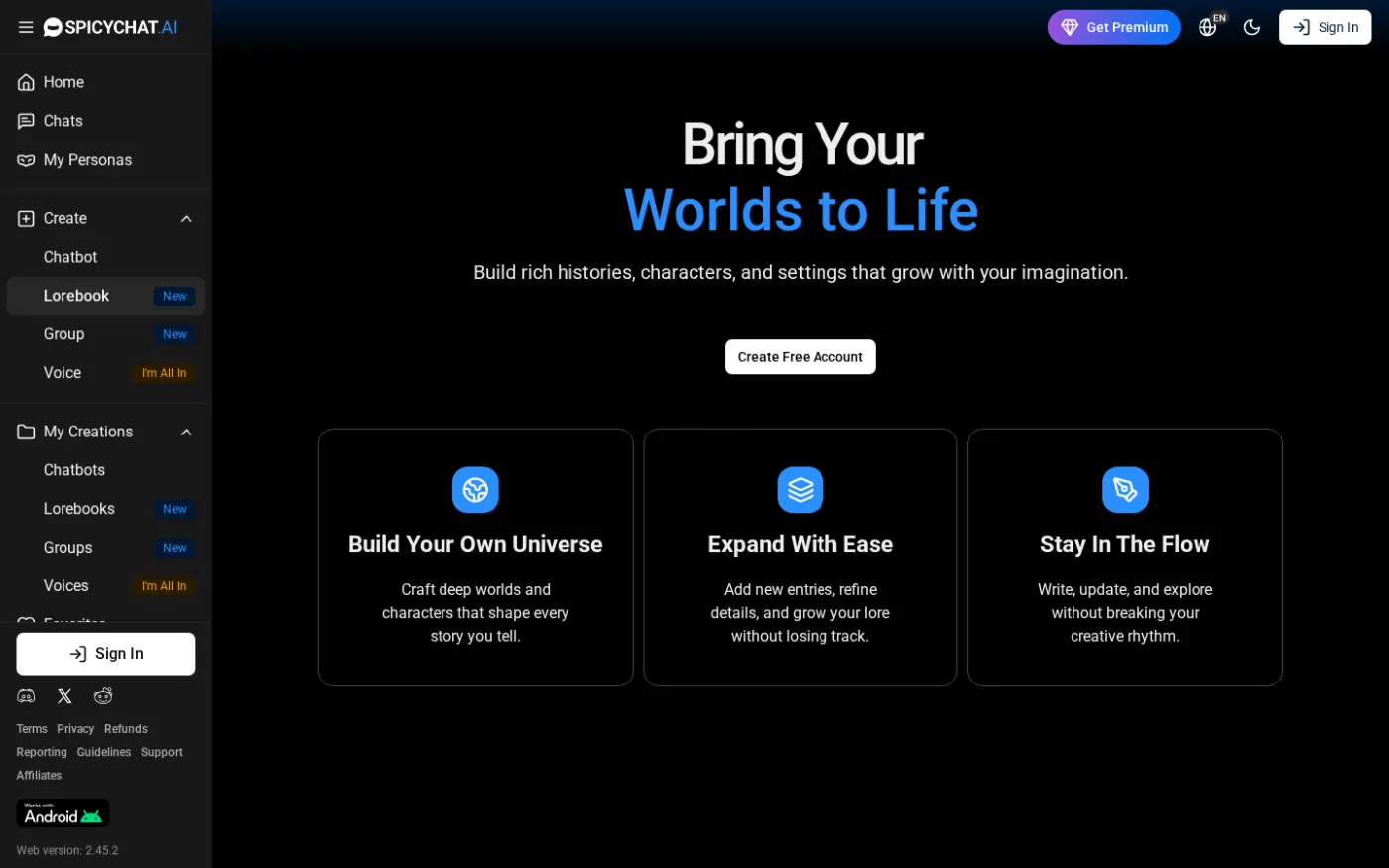 SpicyChat nav, Aug 2026: Group is listed under Create, tagged New.