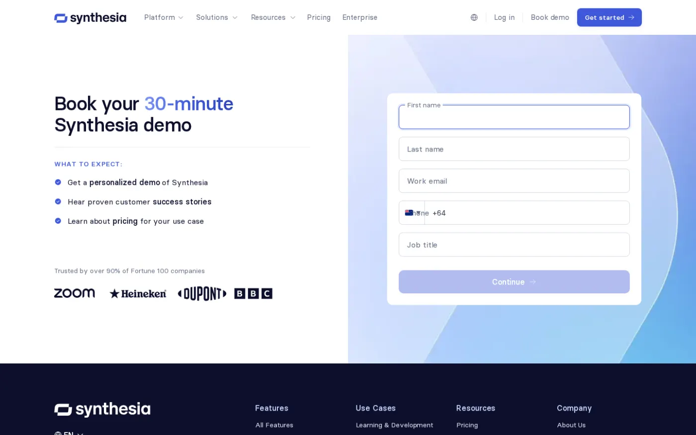 Synthesia public page redirected to a demo booking flow in this capture.