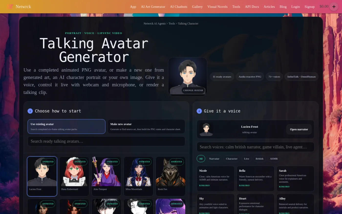 Netwrck talking-character tool, visualbench capture of the live UI.