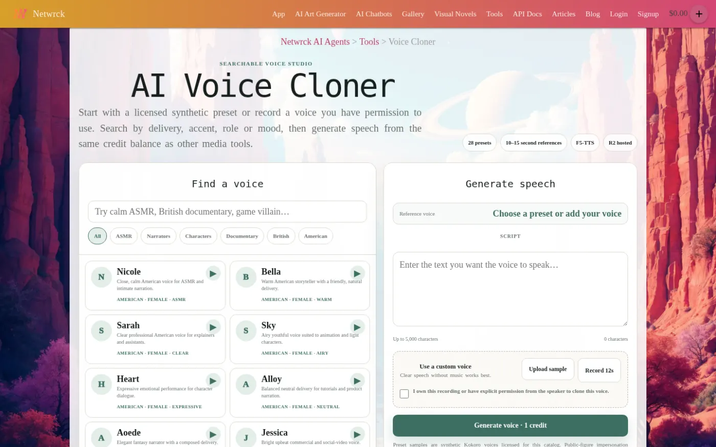 Netwrck voice clone / library tool. Licensed presets or a recording you own.